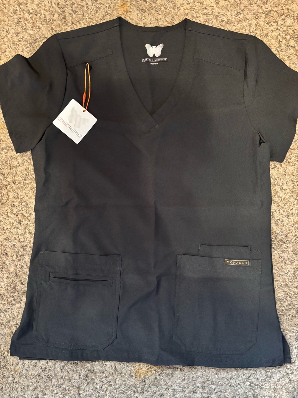 Black V-Neck Short Sleeve Scrub Top with Dual Front Pockets
